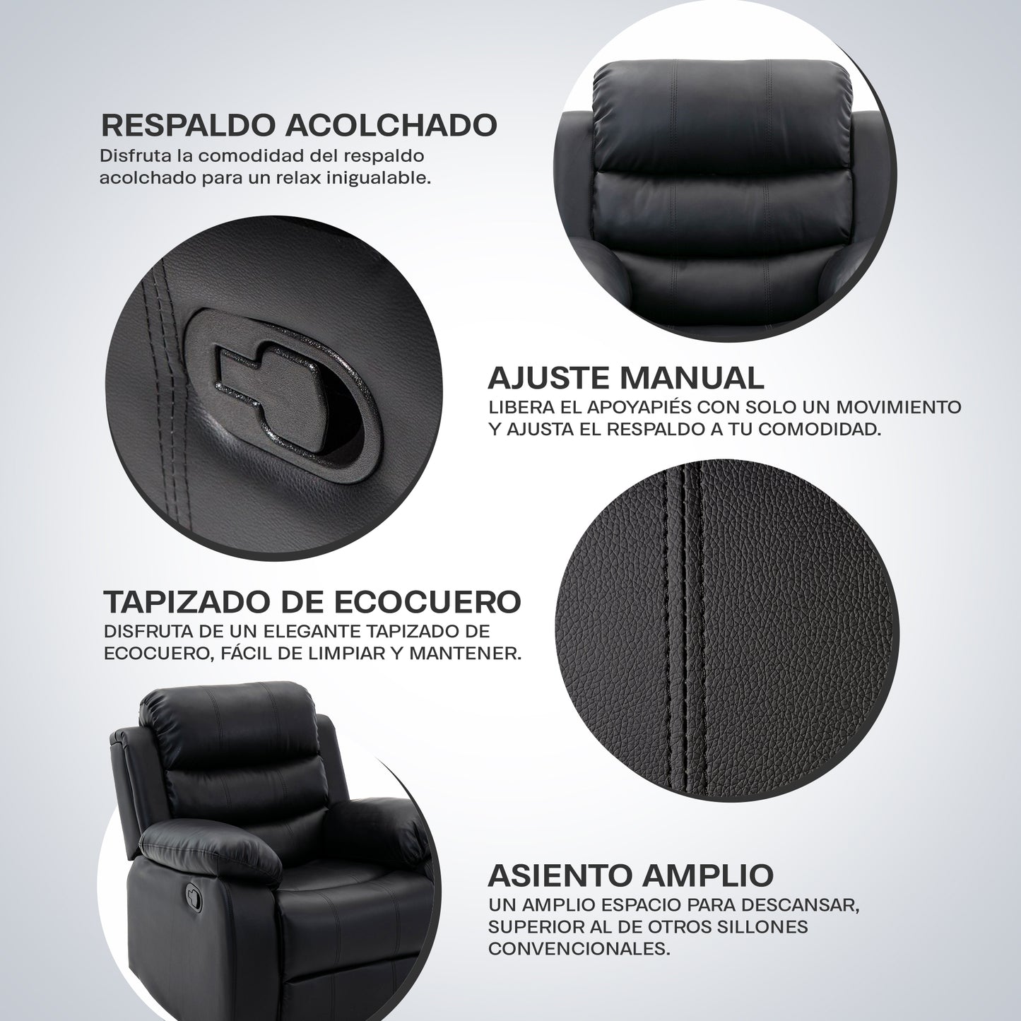 Sillon Reposet Reclinable Individual Tapizado en Simil Cuero