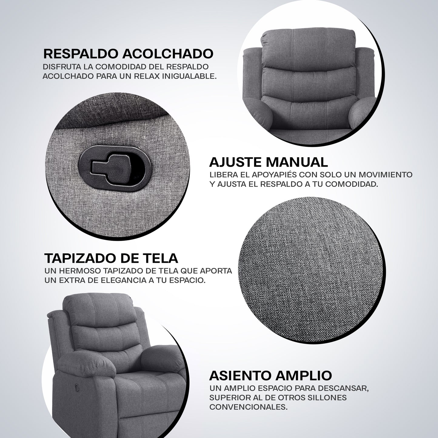Sillon Reposet Reclinable Individual Tapizado en Simil Cuero