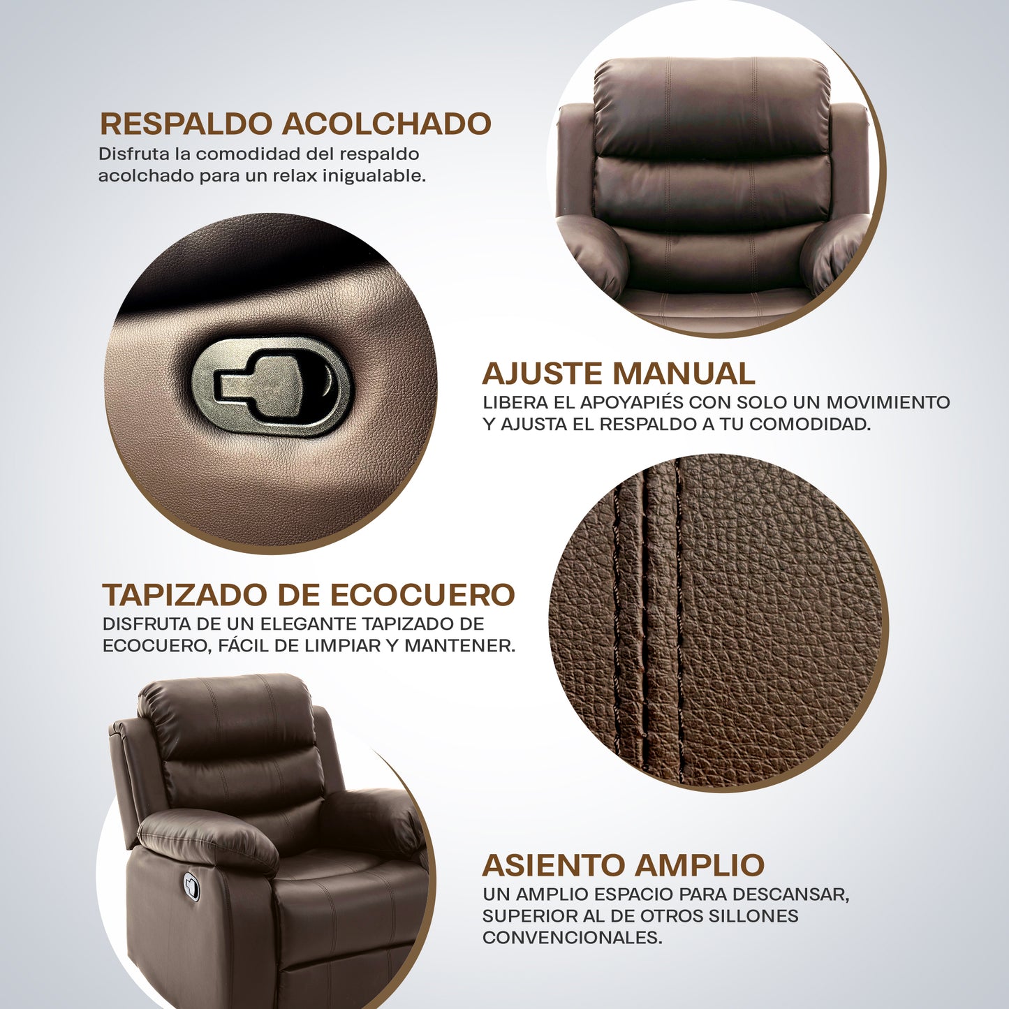 Sillon Reposet Reclinable Individual Tapizado en Simil Cuero