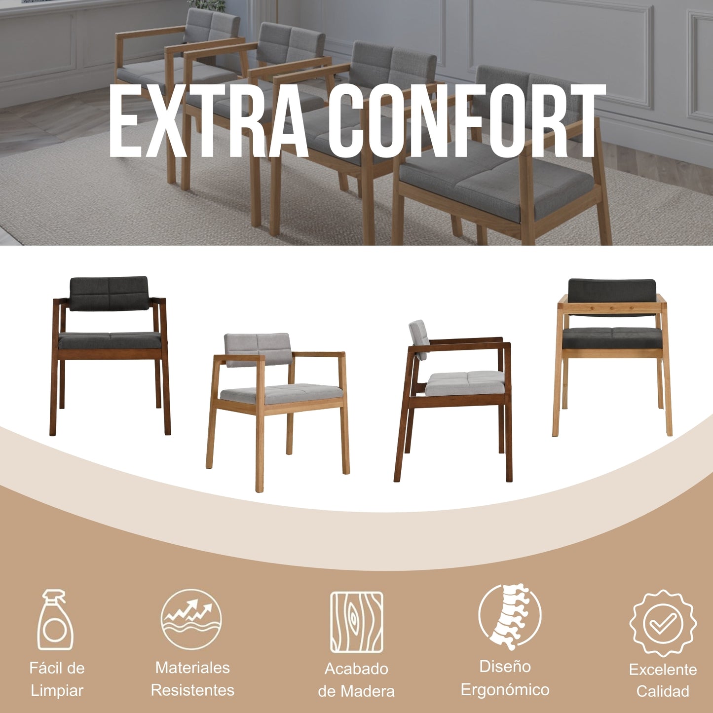 Set de 4 Sillas de Comedor Gin de Madera con Tapizado Gris