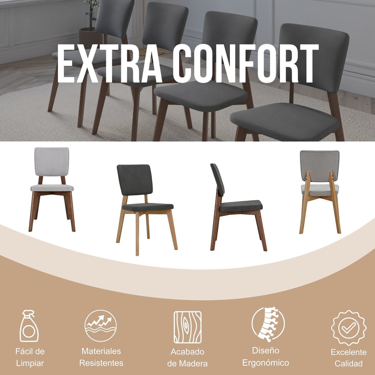 Set de 4 Sillas de Comedor Lago de Madera con Tapizado Gris