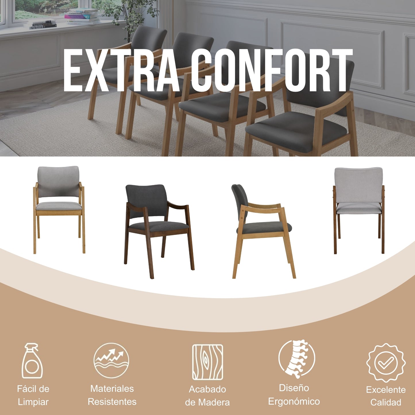 Set de 4 Sillas de Comedor Lesson de Madera Tapizadas