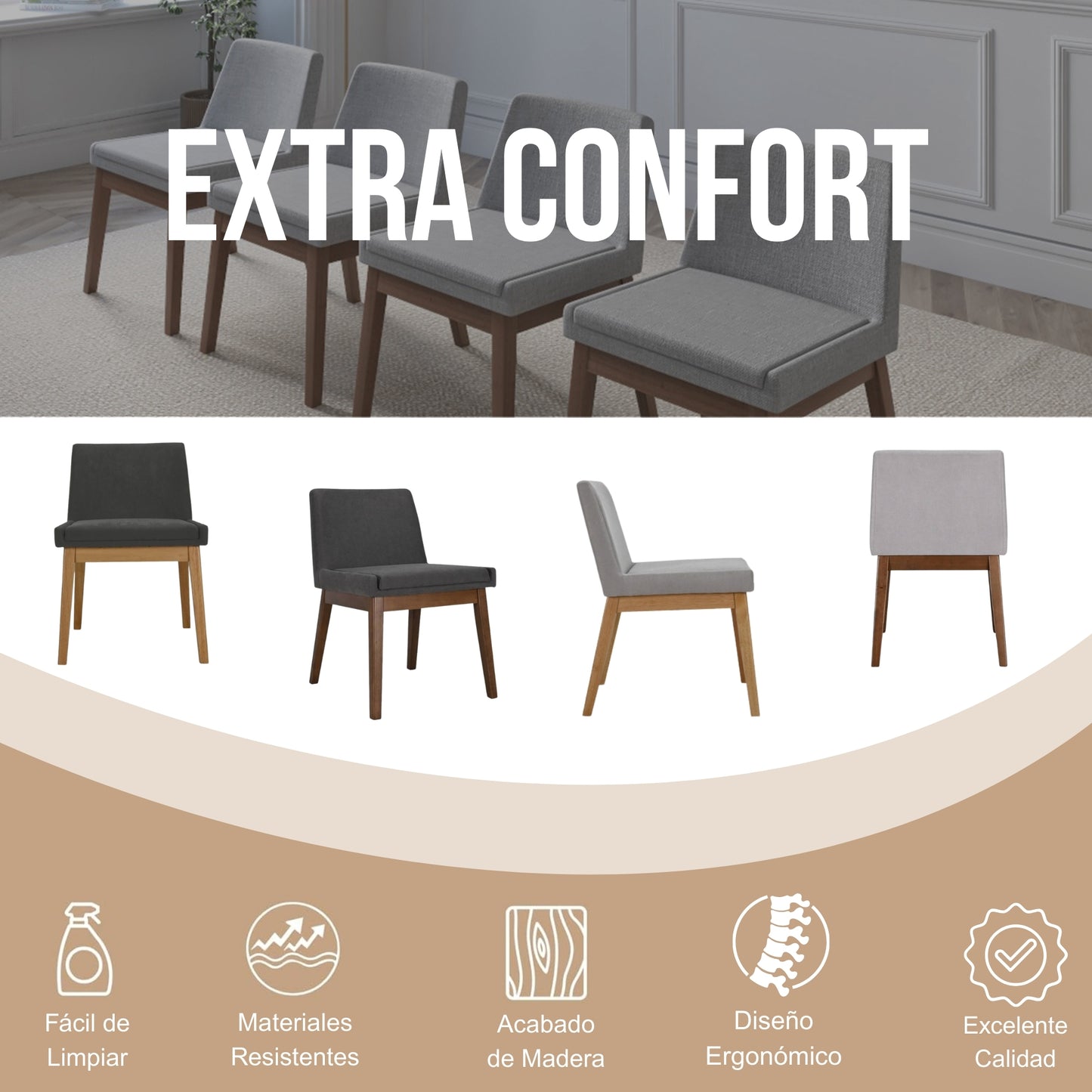 Set de 4 Sillas de Comedor Adel de Madera con Tapizado Gris