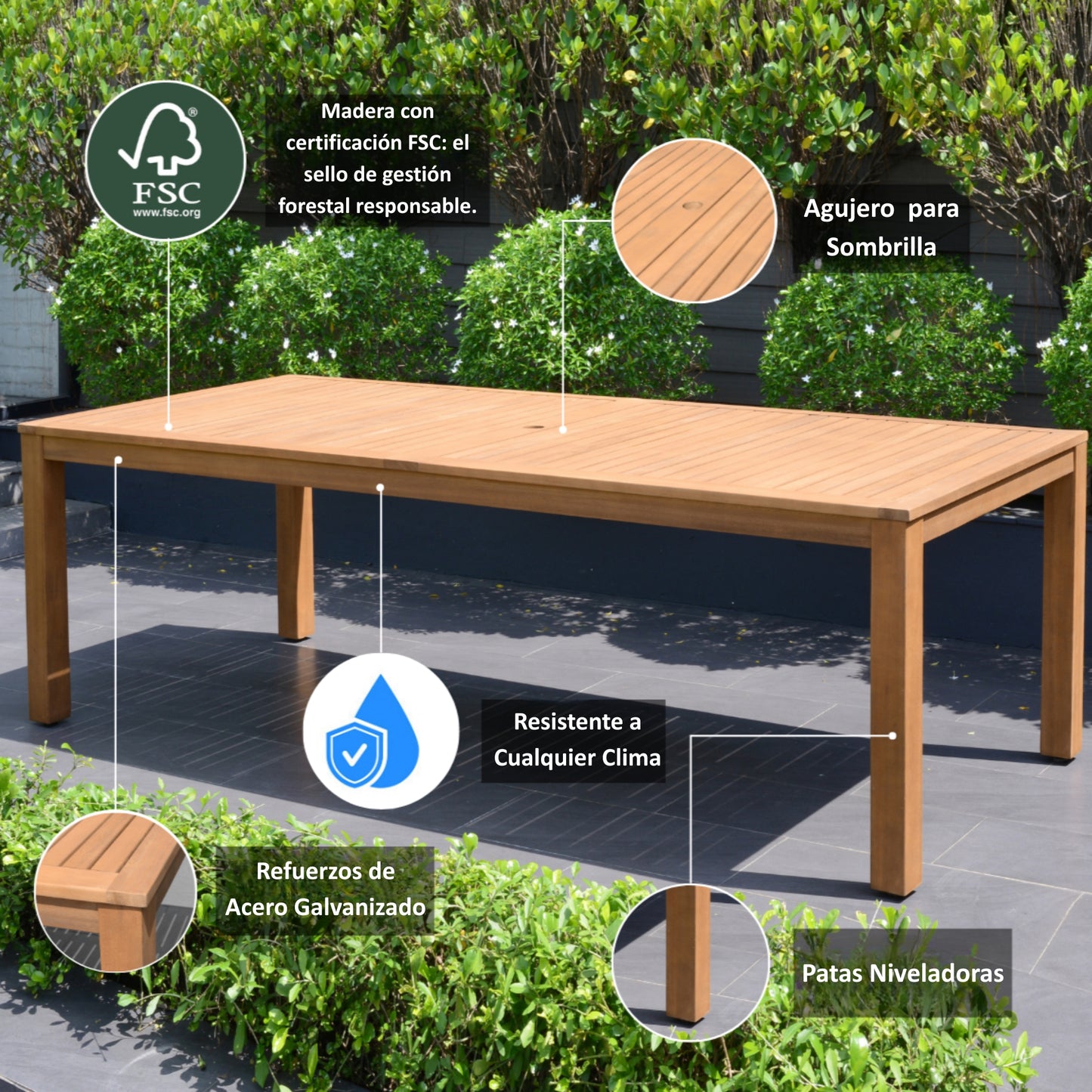 Comedor de Exterior Mykonos con 8 Sillas de Madera con Acabado de Teca