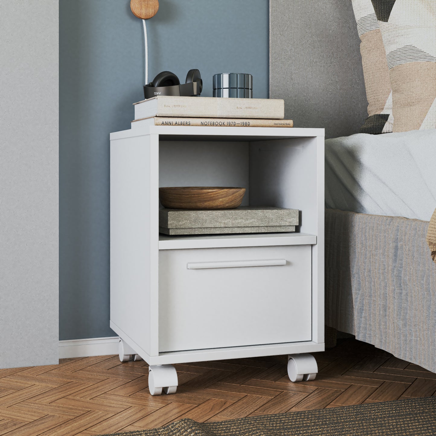 Mesita Auxiliar de Noche con Cajon y Ruedas, Diseño Moderno