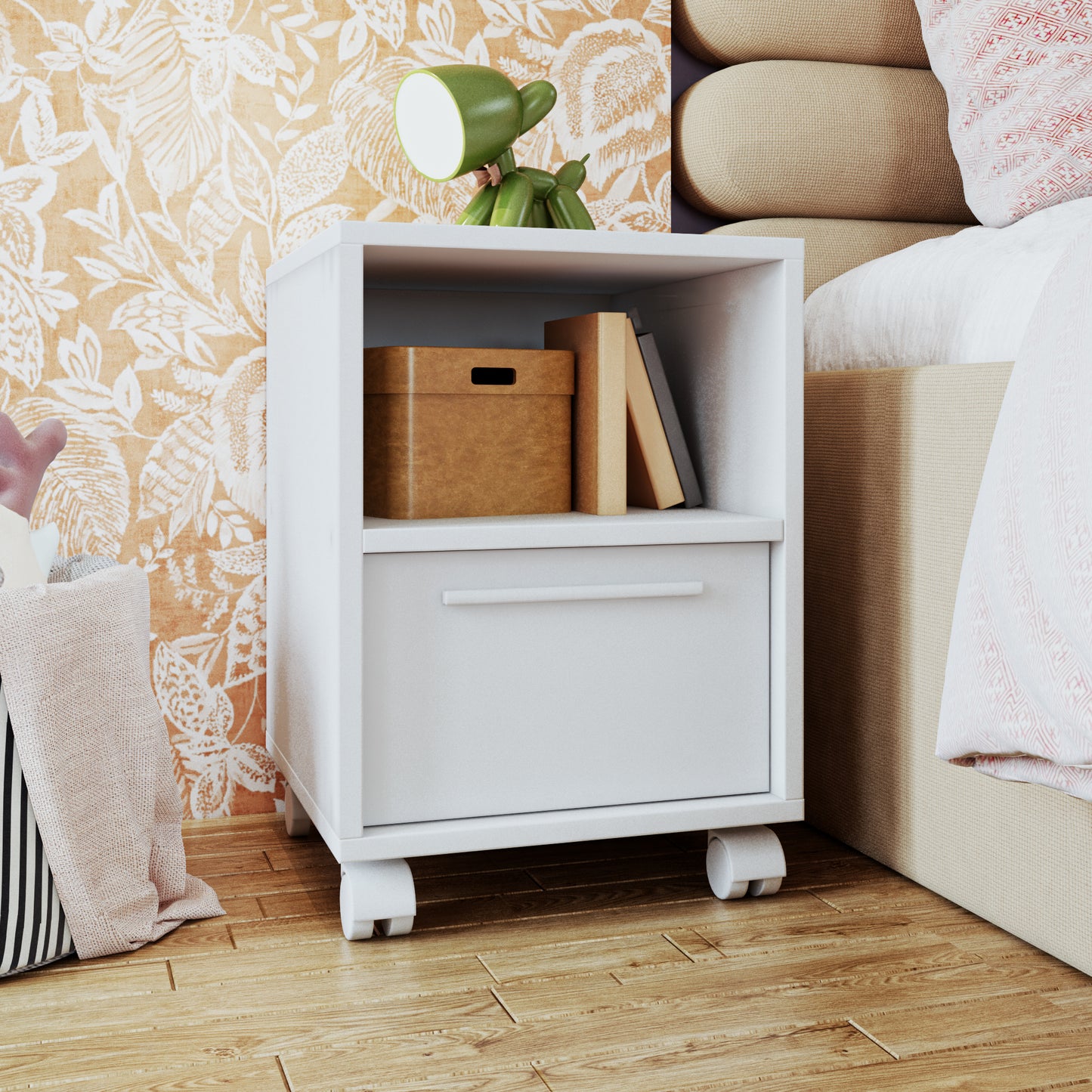 Mesita Auxiliar de Noche con Cajon y Ruedas, Diseño Moderno