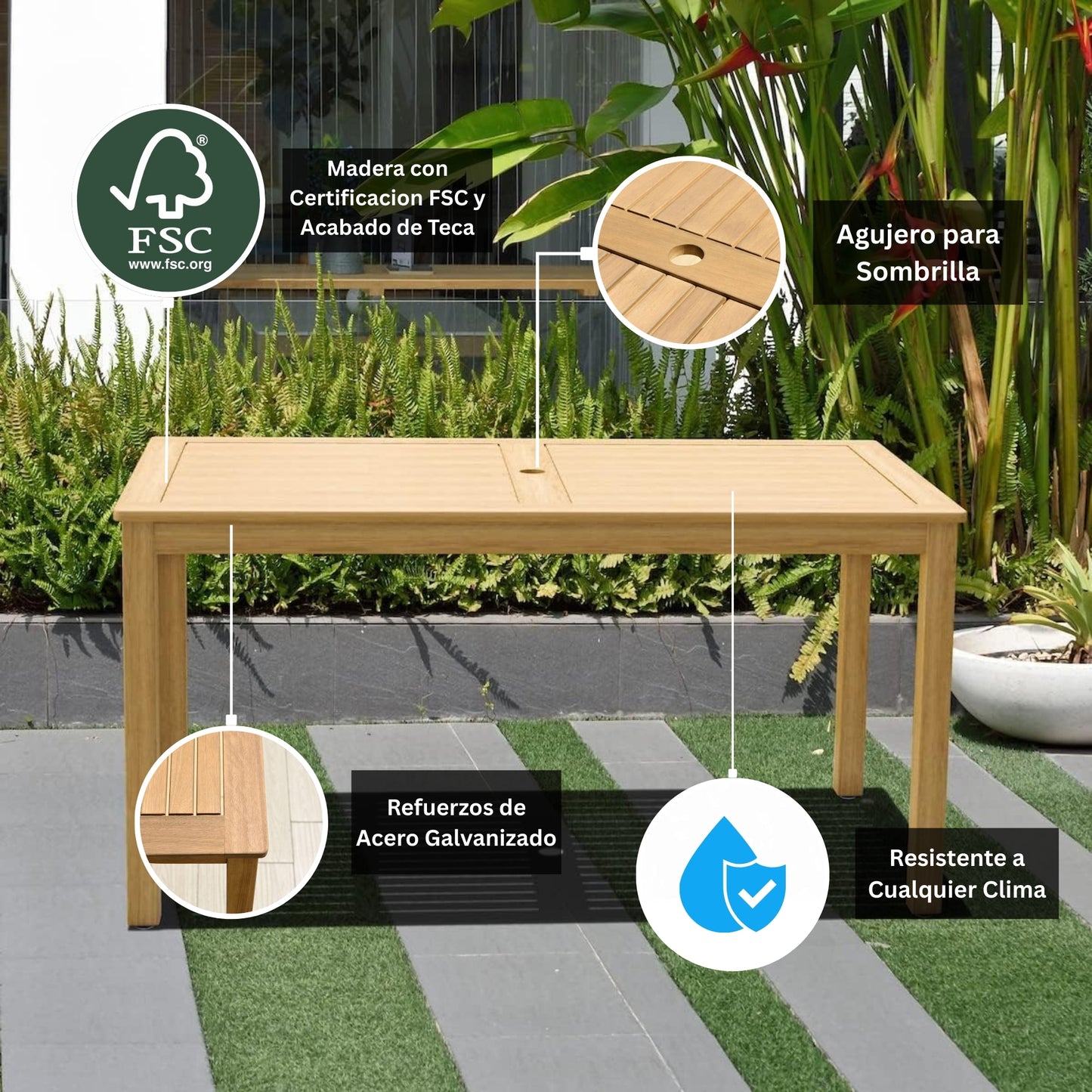 Mesa Orlando para Exterior de Madera con Acabado de Teca