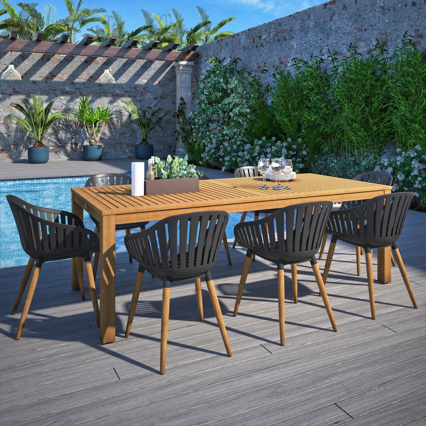 Comedor de Exterior Mykonos con 8 Sillas de Madera con Acabado de Teca