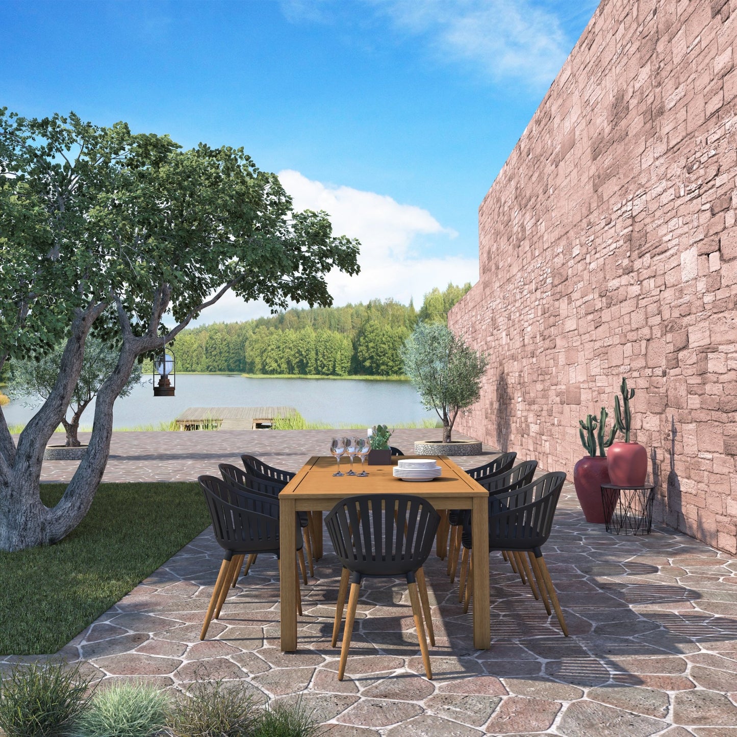 Comedor de Exterior Mykonos con 8 Sillas de Madera con Acabado de Teca