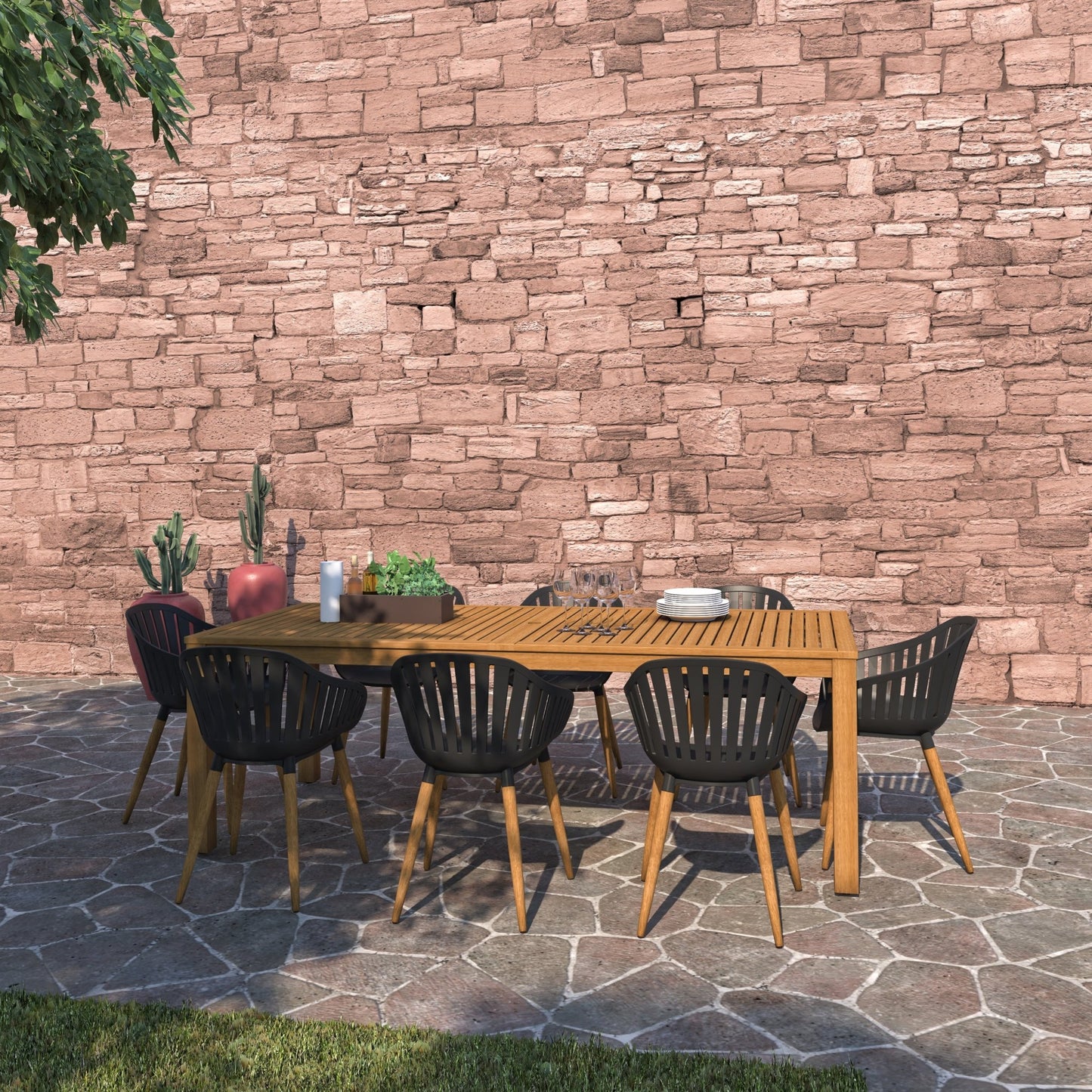 Comedor de Exterior Mykonos con 8 Sillas de Madera con Acabado de Teca