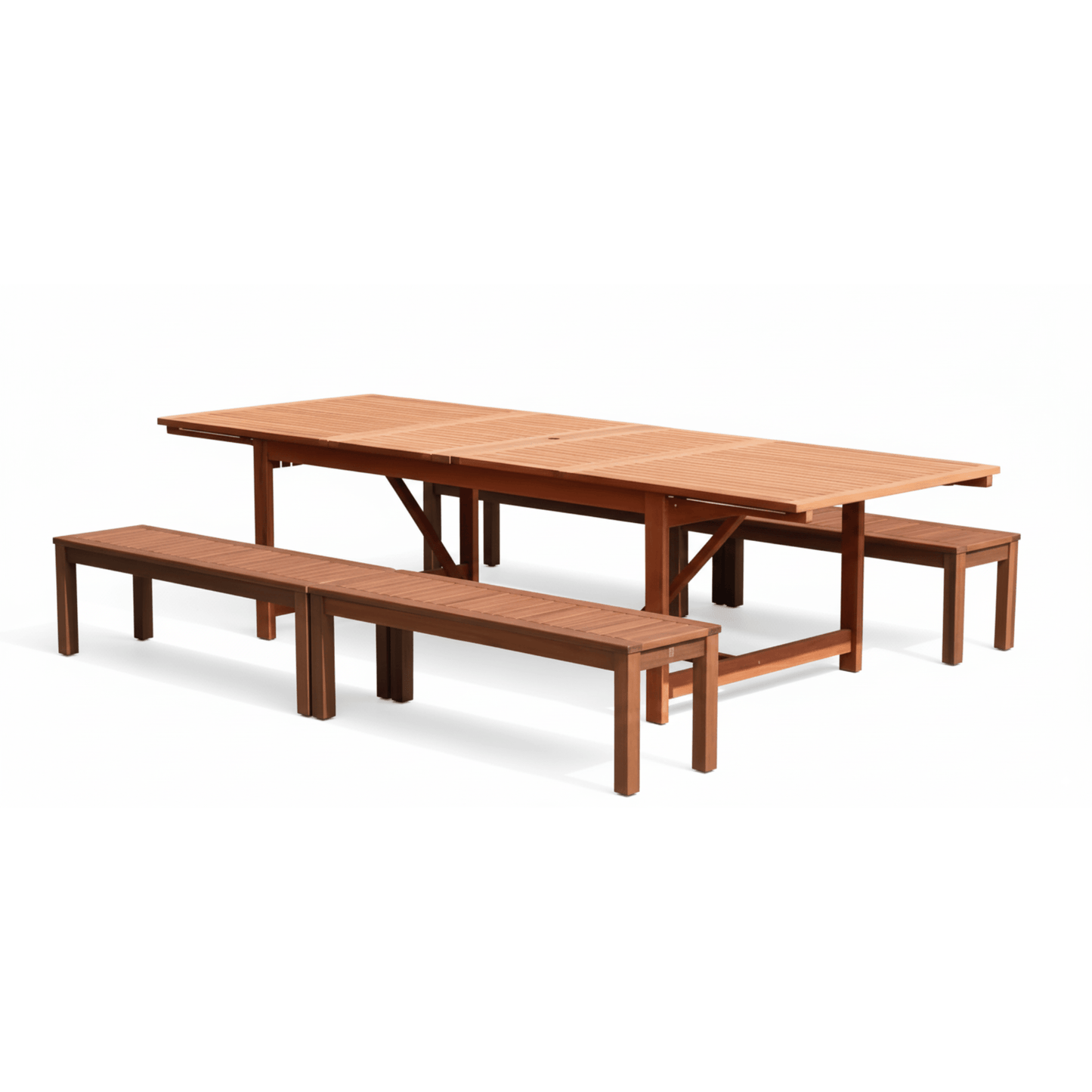 Comedor Extensible de Madera con 4 Bancas de Jardin y Exterior